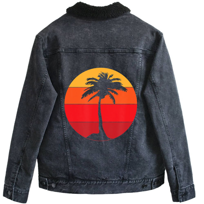 Pacific Ocean Beach Palm Tree Sun Retro Vintage Unisex Sherpa-Lined Denim Jacket by yumgaugeteuda | Artistshot