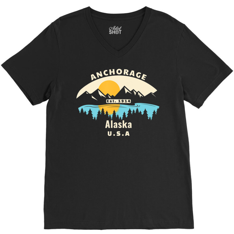 Anchorage Alaska Souvenir Mountain Sunset River V-Neck Tee by Min09 | Artistshot