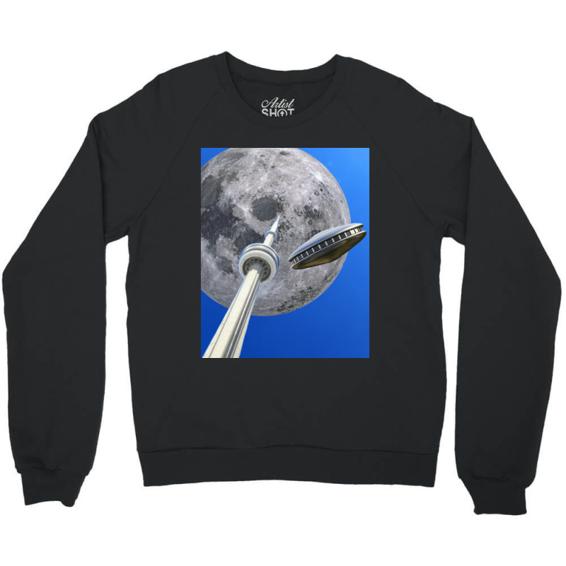 Toronto Cn Tower Under A Full Moon With Flying Saucer Crewneck Sweatshirt by ekukaevelsy | Artistshot