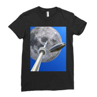 Toronto Cn Tower Under A Full Moon With Flying Saucer Ladies Fitted T-shirt | Artistshot