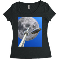 Toronto Cn Tower Under A Full Moon With Flying Saucer Women's Triblend Scoop T-shirt | Artistshot