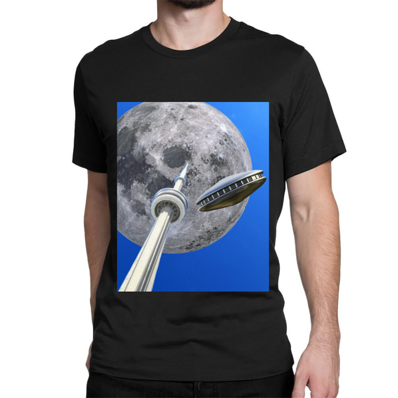 Toronto Cn Tower Under A Full Moon With Flying Saucer Classic T-shirt by ekukaevelsy | Artistshot