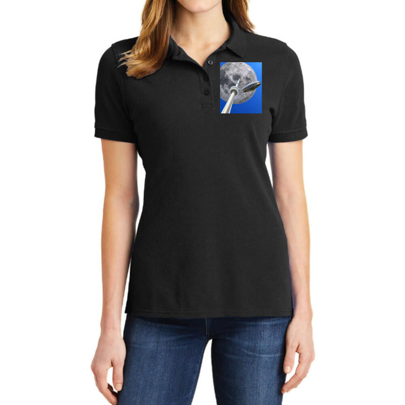 Toronto Cn Tower Under A Full Moon With Flying Saucer Ladies Polo Shirt by ekukaevelsy | Artistshot