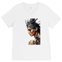 Beautiful Woman Warrior Wearing Damaged Scales A Battle T Shirt V-neck Tee | Artistshot