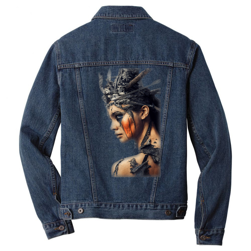 Beautiful Woman Warrior Wearing Damaged Scales A Battle T Shirt Men Denim Jacket | Artistshot