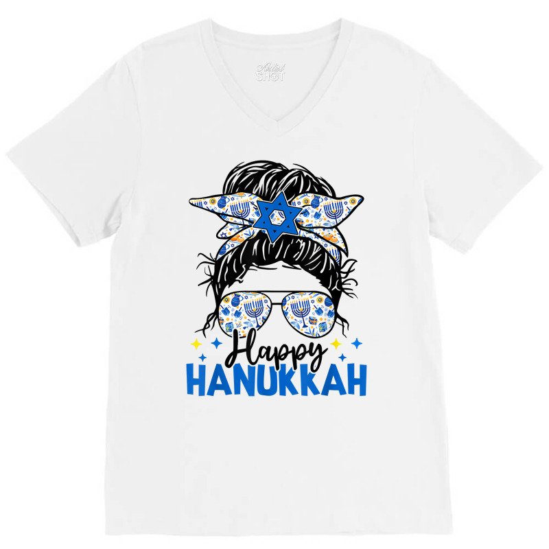 Happy Hanukkah Messy Bun Hair Xmas Jewish Holiday T Shirt V-neck Tee | Artistshot