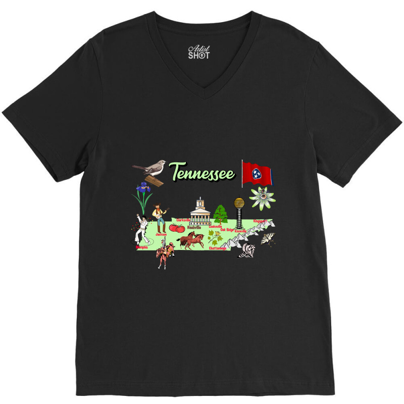 Hand Drawn Illustration Of Tennessee Map With Tourist Destinations, Us V-neck Tee | Artistshot