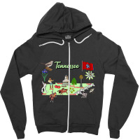 Hand Drawn Illustration Of Tennessee Map With Tourist Destinations, Us Zipper Hoodie | Artistshot