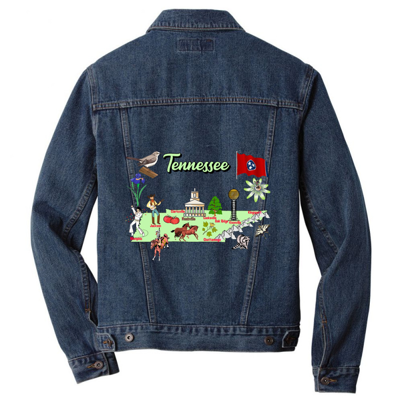 Hand Drawn Illustration Of Tennessee Map With Tourist Destinations, Us Men Denim Jacket | Artistshot