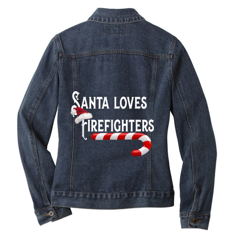 Santa Loves Firefighters  Fire Fighting Gift Tee Ladies Denim Jacket by ESTAULS | Artistshot