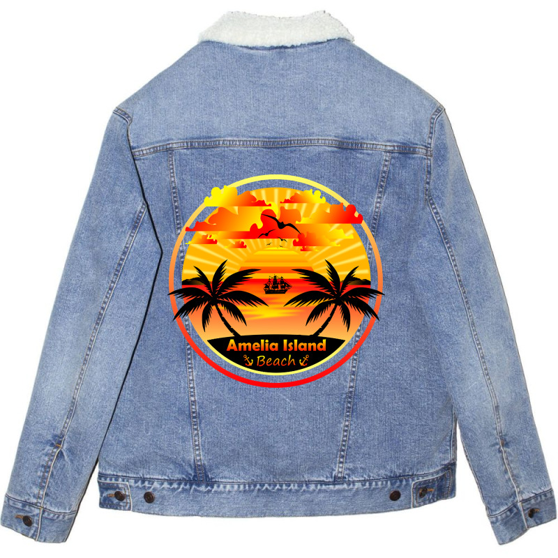 Amelia Island Beach, Palm Trees Sunset, Florida Summer-qz1m6 Unisex Sherpa-Lined Denim Jacket by declangreenwood | Artistshot