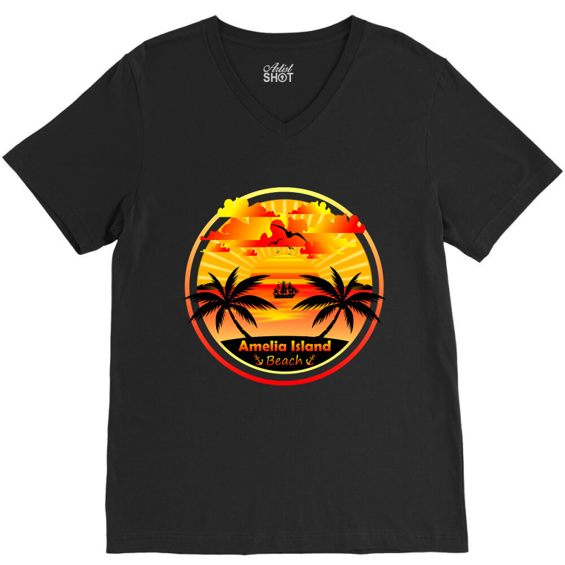 Amelia Island Beach, Palm Trees Sunset, Florida Summer-qz1m6 V-Neck Tee by declangreenwood | Artistshot