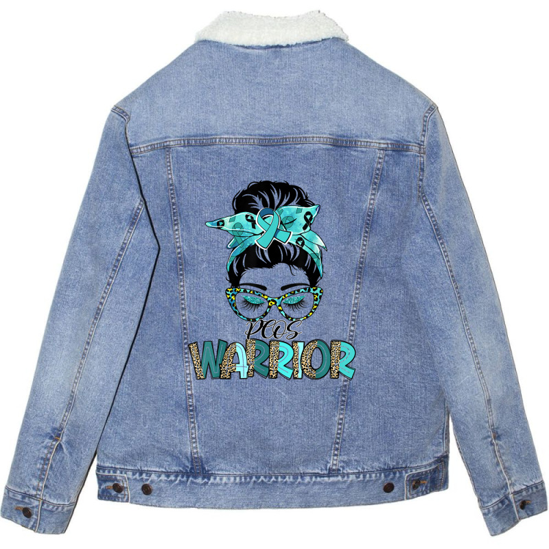 Women Messy Bun Teal Ribbon Pcos Warrior Unisex Sherpa-lined Denim Jacket | Artistshot