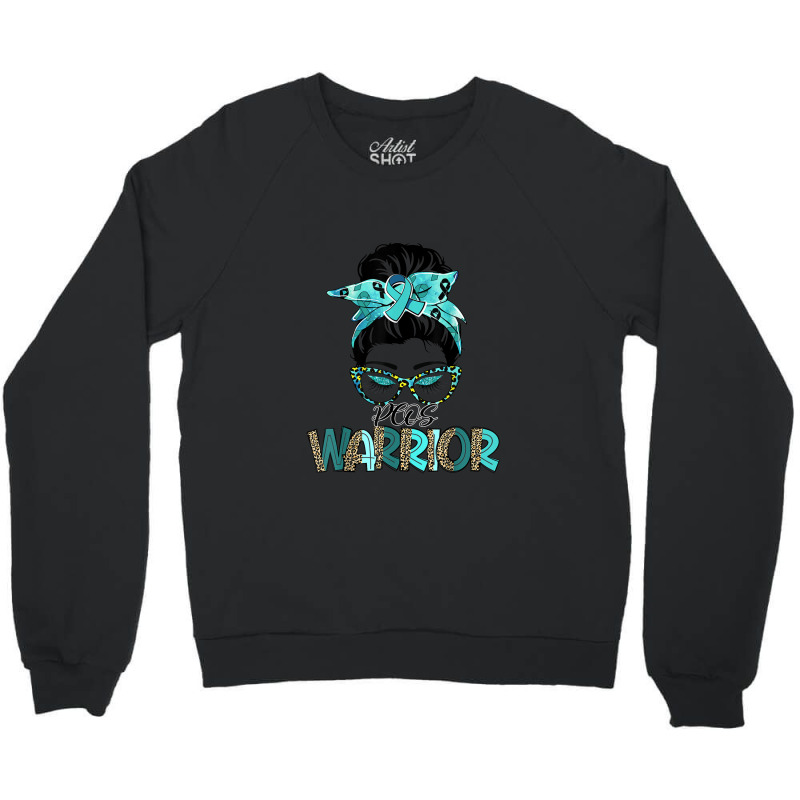 Women Messy Bun Teal Ribbon Pcos Warrior Crewneck Sweatshirt | Artistshot