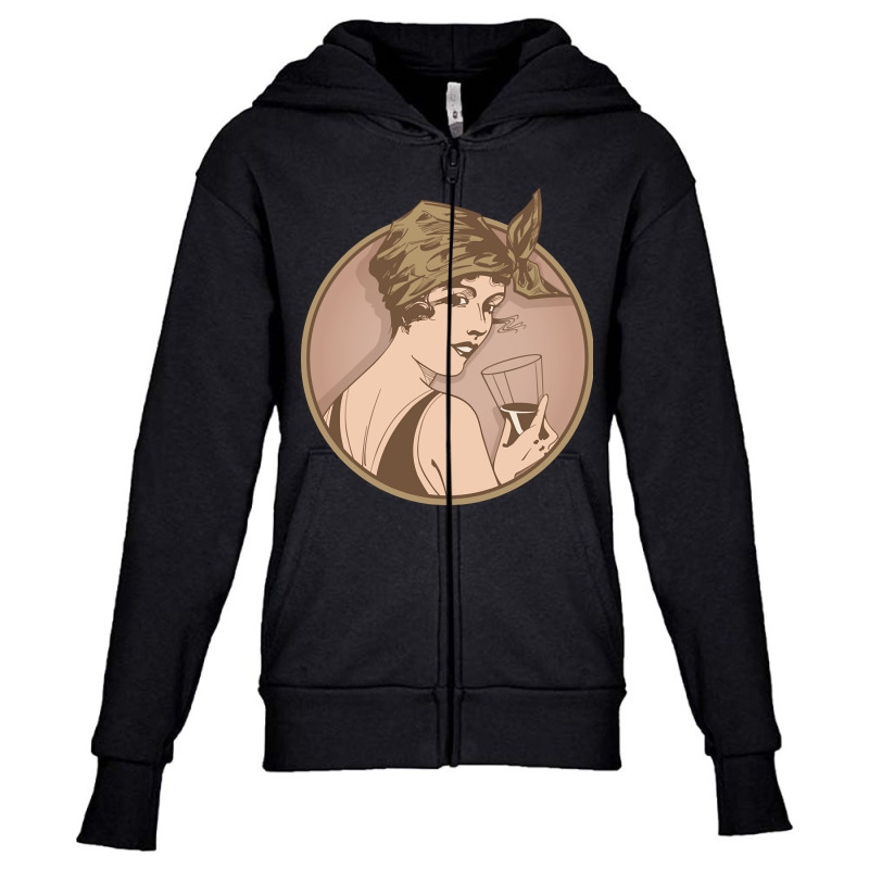 Lady Drinking Wine. Art Deco Style Illustration Design. Youth Zipper Hoodie | Artistshot