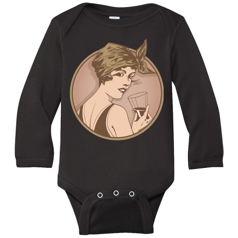 Lady Drinking Wine. Art Deco Style Illustration Design. Long Sleeve Baby Bodysuit | Artistshot