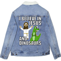 I Believe In Jesus And Dinosaurs Funny Christian Humor Unisex Sherpa-lined Denim Jacket | Artistshot