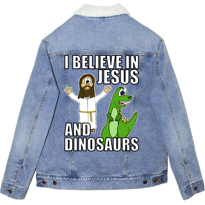 I Believe In Jesus And Dinosaurs Funny Christian Humor Unisex Sherpa-Lined Denim Jacket by greggjvandervor | Artistshot