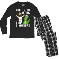 I Believe In Jesus And Dinosaurs Funny Christian Humor Men's Long Sleeve Pajama Set | Artistshot