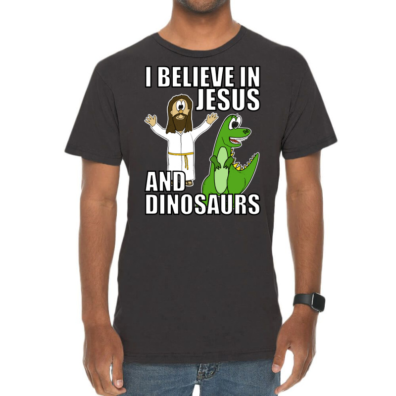 I Believe In Jesus And Dinosaurs Funny Christian Humor Vintage T-Shirt by greggjvandervor | Artistshot