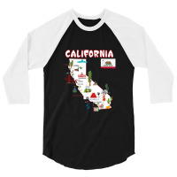 Map Of California Landmarks, Major Cities, Flag 3/4 Sleeve Shirt | Artistshot