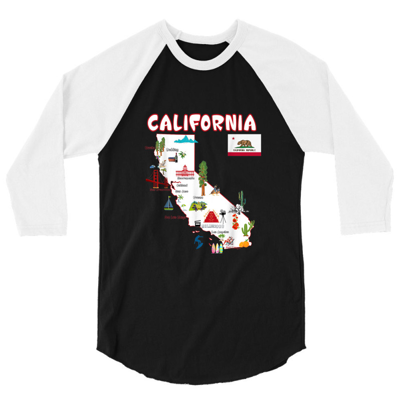 Map Of California Landmarks, Major Cities, Flag 3/4 Sleeve Shirt | Artistshot