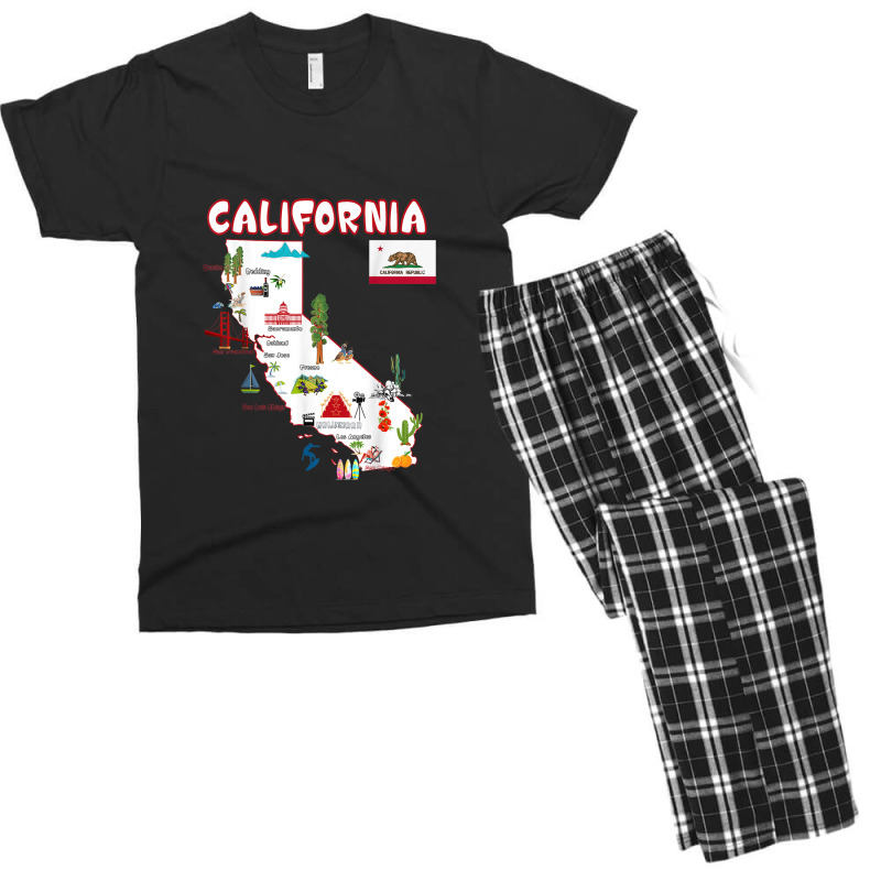 Map Of California Landmarks, Major Cities, Flag Men's T-shirt Pajama Set | Artistshot