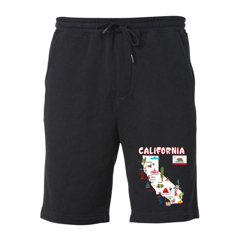 Map Of California Landmarks, Major Cities, Flag Fleece Short | Artistshot