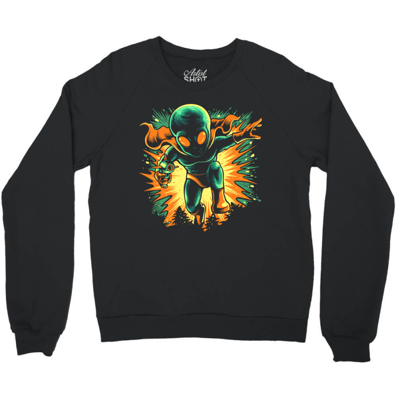 Retro Martian Alien On The Attack With His Ray Gun Crewneck Sweatshirt | Artistshot