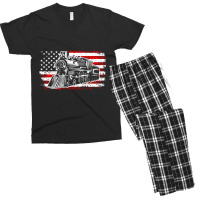 Train Steam Locomotive Railroad Usa American Flag Men's T-shirt Pajama Set | Artistshot