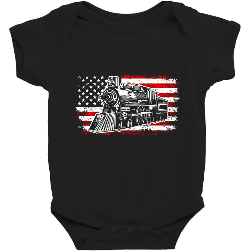 Train Steam Locomotive Railroad Usa American Flag Baby Bodysuit | Artistshot