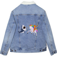 Funny Cat Riding Magical Unicorn Sword Fighting Shark Unisex Sherpa-lined Denim Jacket | Artistshot