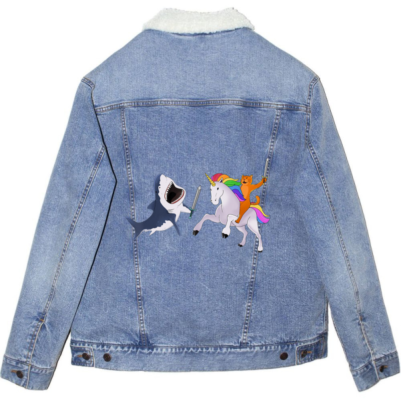 Funny Cat Riding Magical Unicorn Sword Fighting Shark Unisex Sherpa-Lined Denim Jacket by yumgaugeteuda | Artistshot