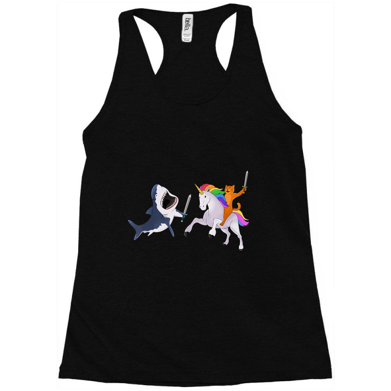 Funny Cat Riding Magical Unicorn Sword Fighting Shark Racerback Tank by yumgaugeteuda | Artistshot