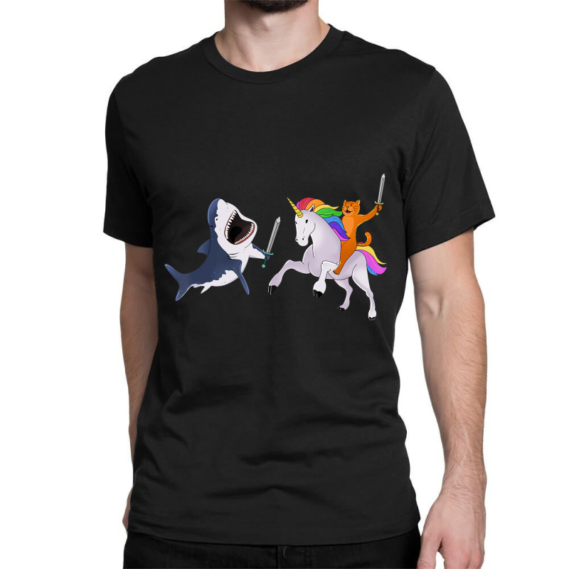 Funny Cat Riding Magical Unicorn Sword Fighting Shark Classic T-shirt by yumgaugeteuda | Artistshot