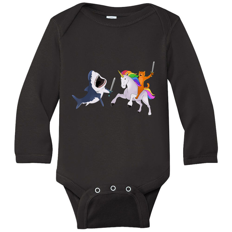 Funny Cat Riding Magical Unicorn Sword Fighting Shark Long Sleeve Baby Bodysuit by yumgaugeteuda | Artistshot