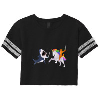 Funny Cat Riding Magical Unicorn Sword Fighting Shark Scorecard Crop Tee | Artistshot