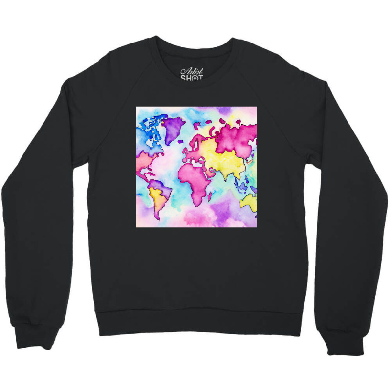 Pastel Watercolors World Map Art Design Crewneck Sweatshirt | Artistshot