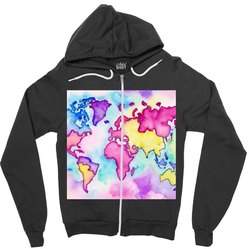 Pastel Watercolors World Map Art Design Zipper Hoodie | Artistshot