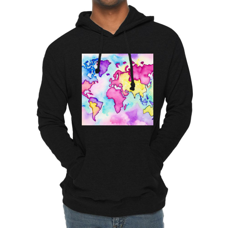 Pastel Watercolors World Map Art Design Lightweight Hoodie | Artistshot