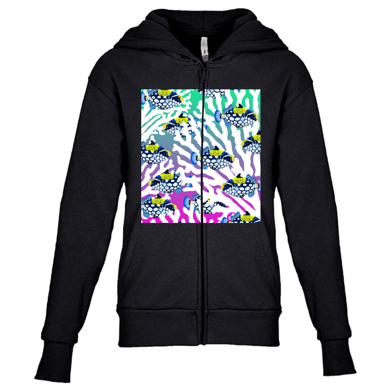 Clown Triggerfish Group (balistoides) With Colorful Pattern - Coral Re Youth Zipper Hoodie by webberkyla | Artistshot