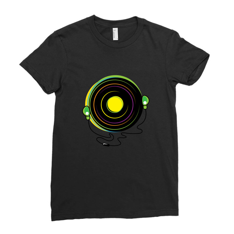 Music Disc With Earphones Ladies Fitted T-Shirt by SandraWarren | Artistshot