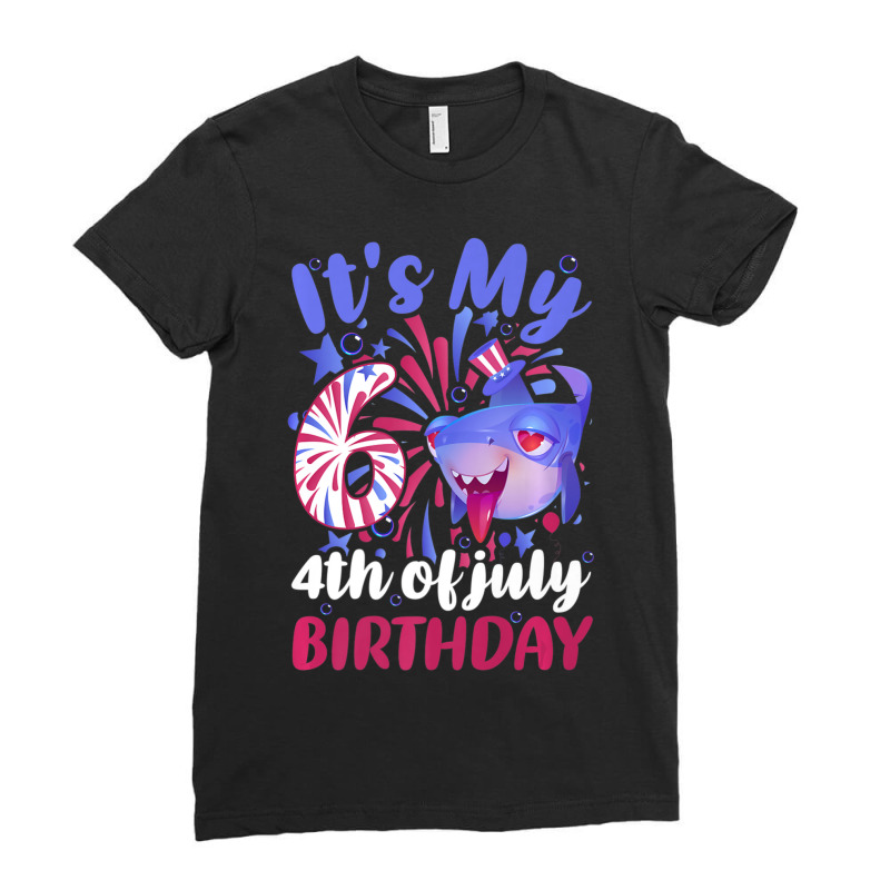 It's My 6th Birthday 4th Of July Family Shark Ladies Fitted T-Shirt by fenderbendable | Artistshot