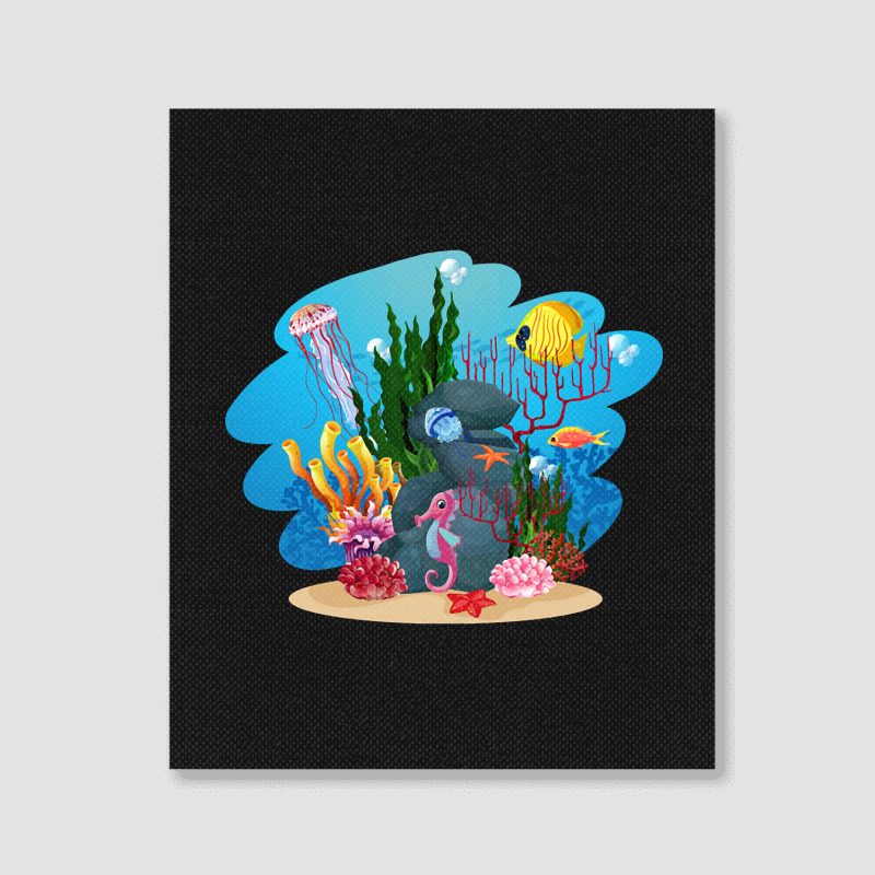 Undersea Life Coral Reef With Fish And Water Plants  Cartoon Landscape Portrait Canvas Print | Artistshot