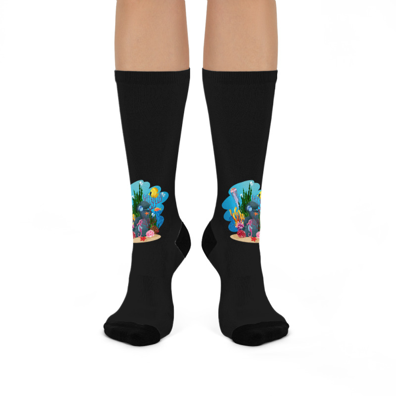 Undersea Life Coral Reef With Fish And Water Plants  Cartoon Landscape Crew Socks | Artistshot