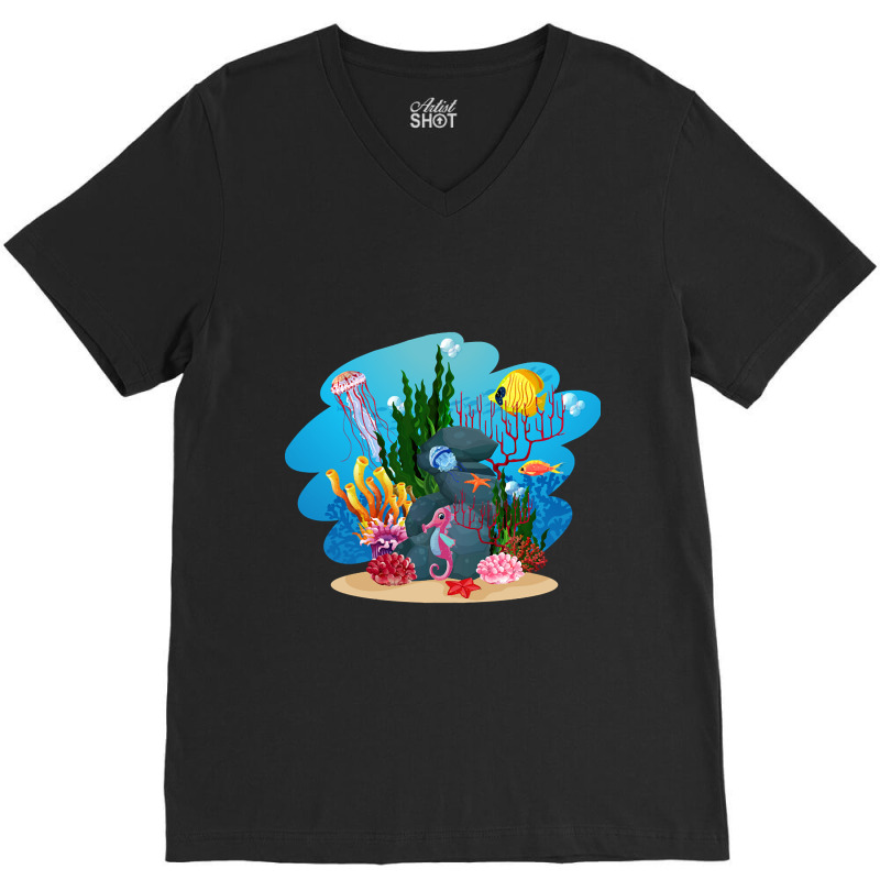 Undersea Life Coral Reef With Fish And Water Plants  Cartoon Landscape V-neck Tee | Artistshot