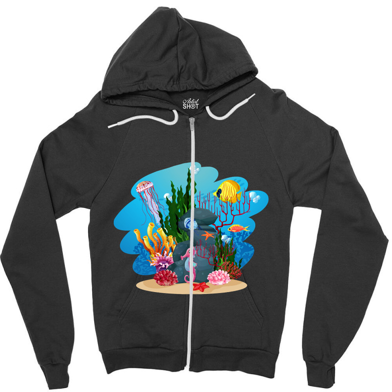 Undersea Life Coral Reef With Fish And Water Plants  Cartoon Landscape Zipper Hoodie | Artistshot