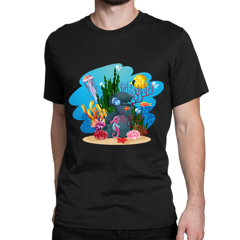 Undersea Life Coral Reef With Fish And Water Plants  Cartoon Landscape Classic T-shirt | Artistshot