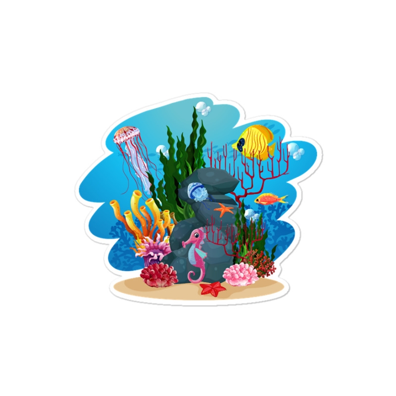 Undersea Life Coral Reef With Fish And Water Plants  Cartoon Landscape Sticker | Artistshot