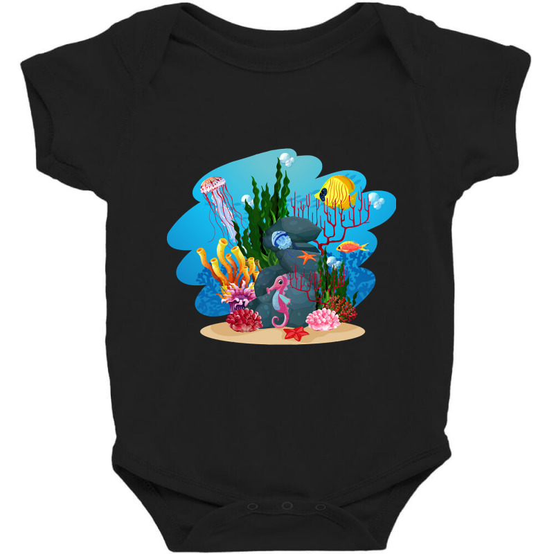 Undersea Life Coral Reef With Fish And Water Plants  Cartoon Landscape Baby Bodysuit | Artistshot